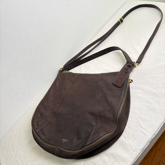 FOSSIL Gwen Hobo Expandable Leather and Suede Large Crossbody Shoulder Bag Purse - Picture 9 of 16